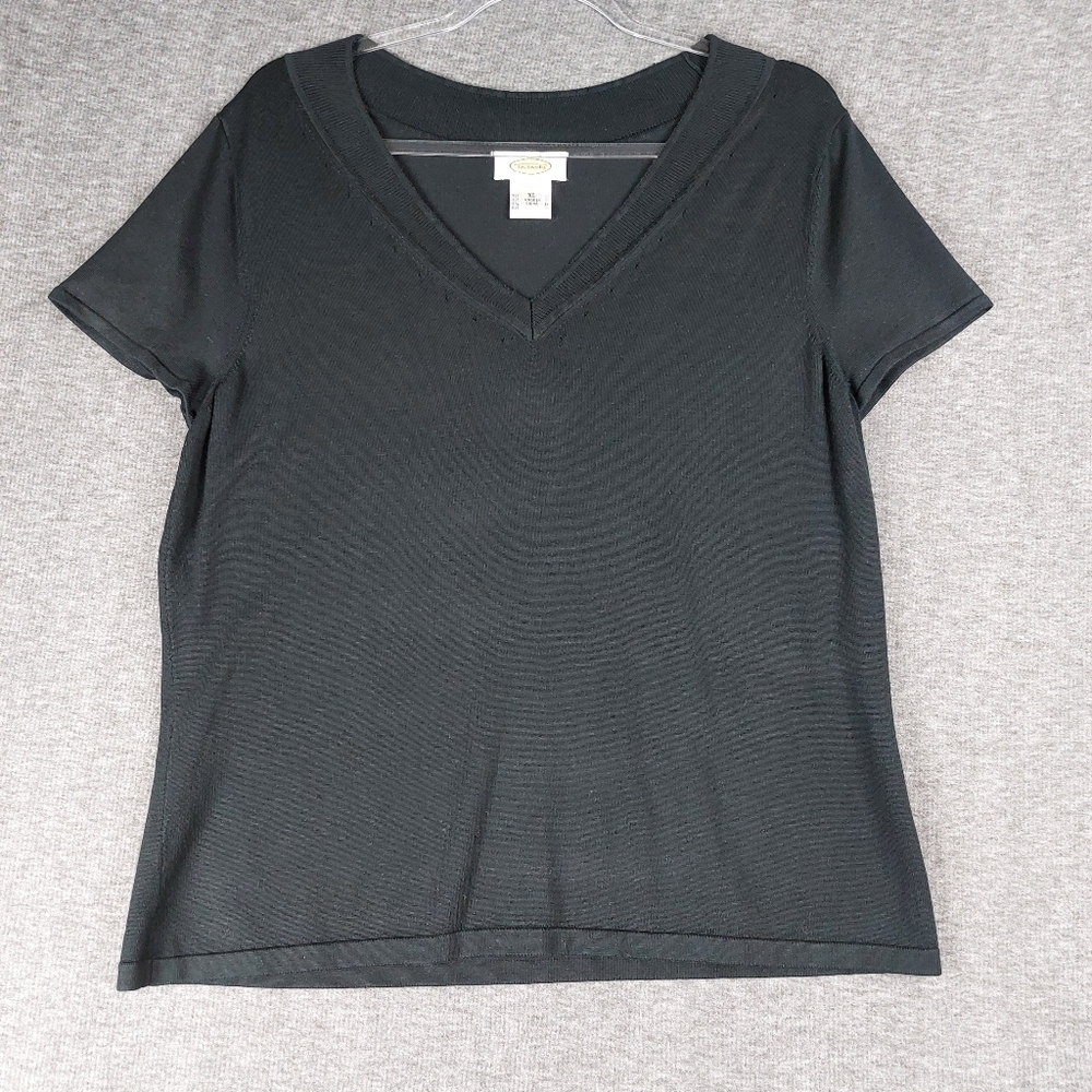 TALBOTS WOMENS BLACK V-NECK SHORT SLEEVE SILK BLEND PULLOVER SWEATER SIZE XL